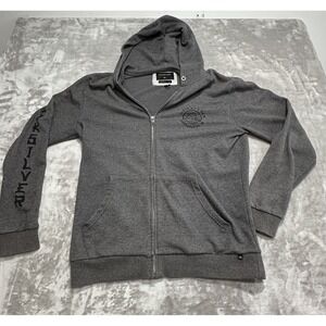 Quiksilver Hoodie Men's Size Large Gray‎ Zip Up Sleeve Print Missing Drawstring